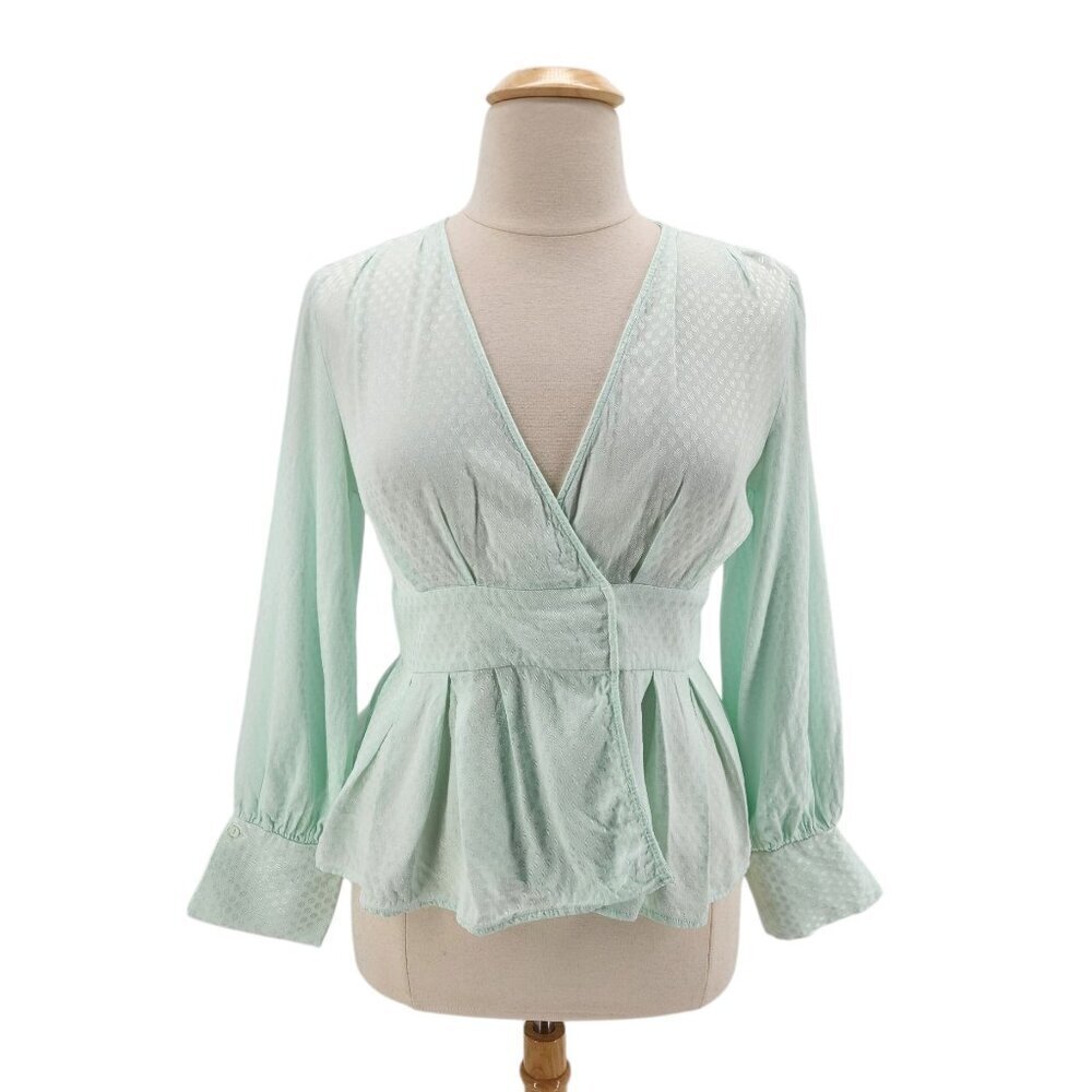 Something Navy Jacquard Wrap Surplice Peplum Mint Green Blouse Top Womens 1X